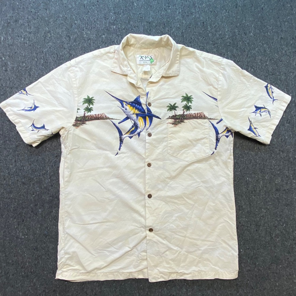 KY'S Tropical Mens Medium Marlin Fish‎ Island Print Cotton Hawaiian Shirt Cream